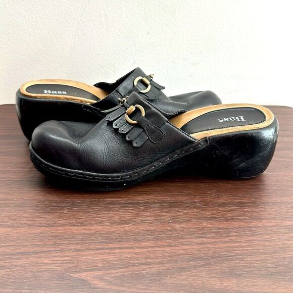 Bass Kyla Black Leather Fringe Kilted Clog Mules Sz 8 - Picture 5 of 7